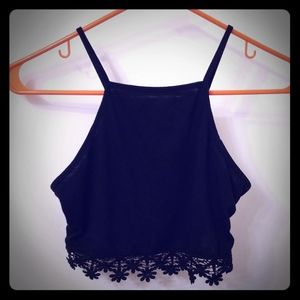 Black Halter Crop Top with Flower Trim